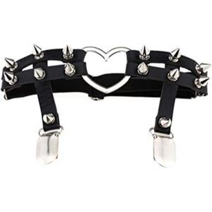 Black Leather Silver Spiked Open Heart Thigh Harness Garter Belt NEW